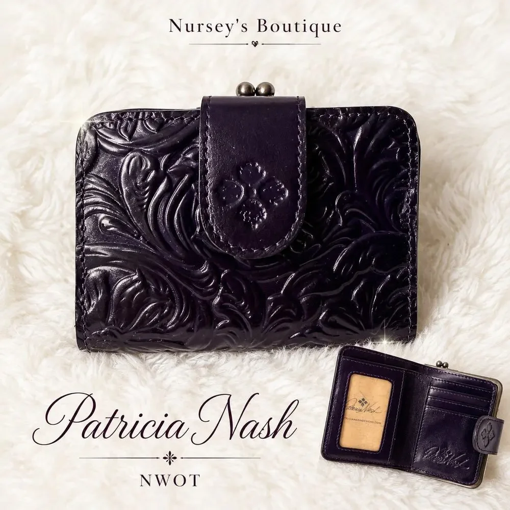 Patricia Nash Reiti Purple Tooled Leather Bifold Kisslock Wallet NWOT